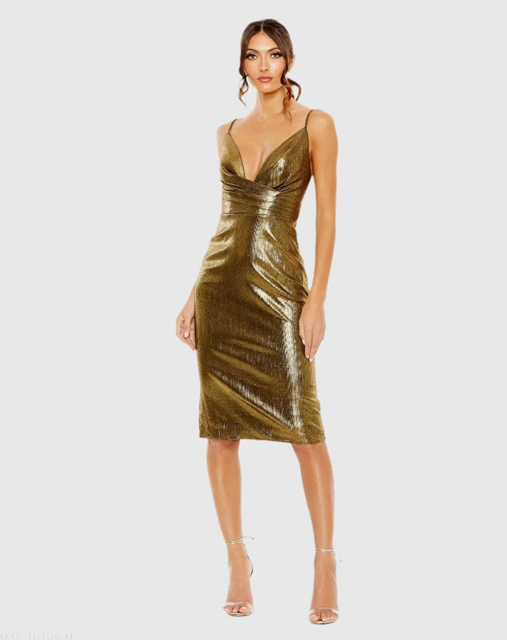 Mac Duggal 27057 Metallic V Neck Midi Dress
