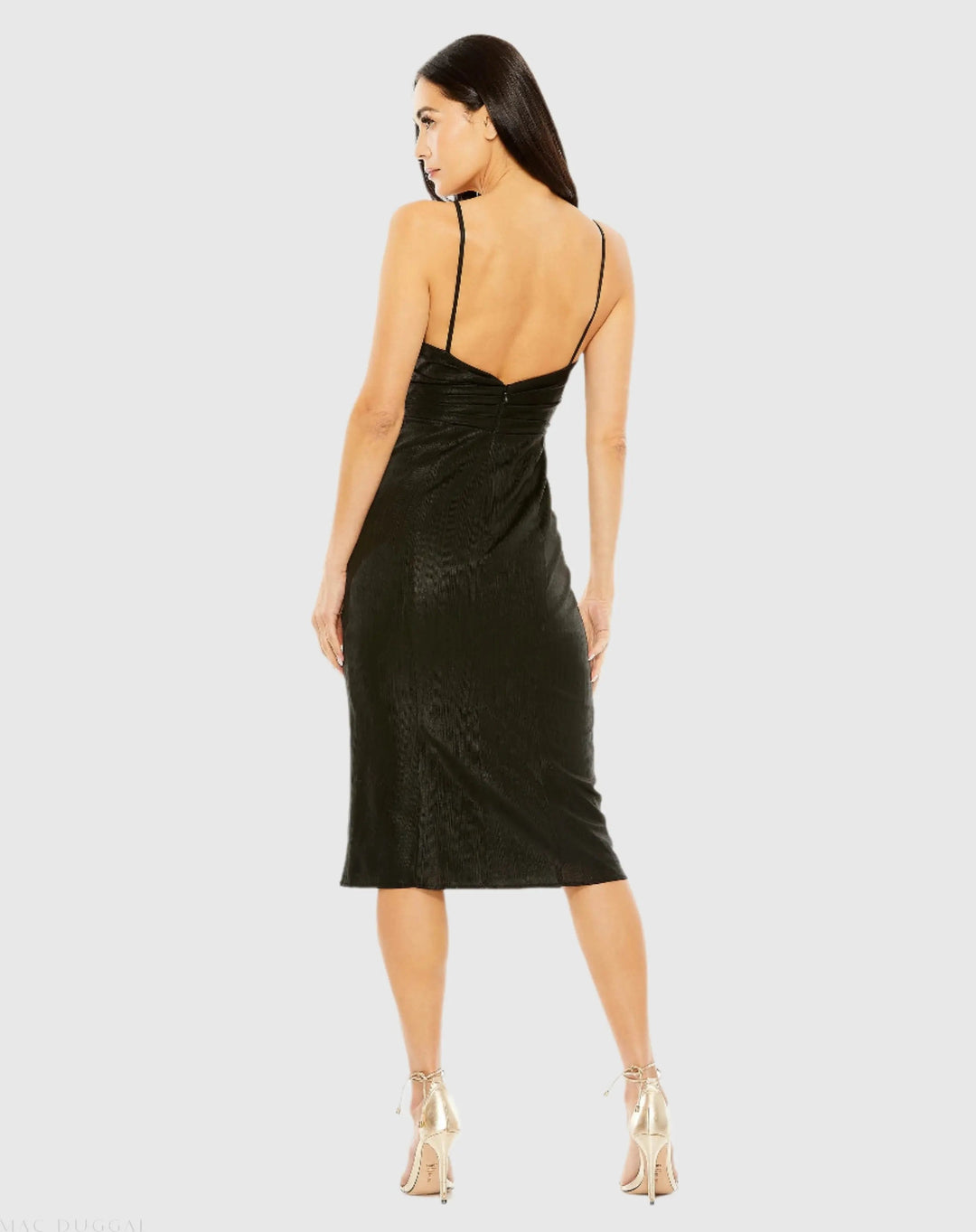 Mac Duggal 27057 Metallic V Neck Midi Dress