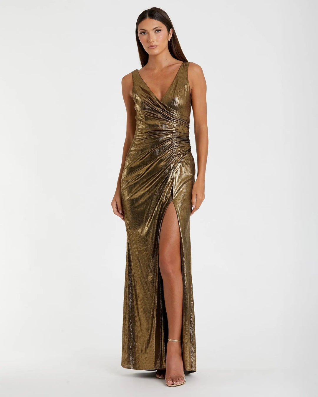 Mac Duggal 27063 Gold Metallic Ruched Front Slip V-Neck Gown