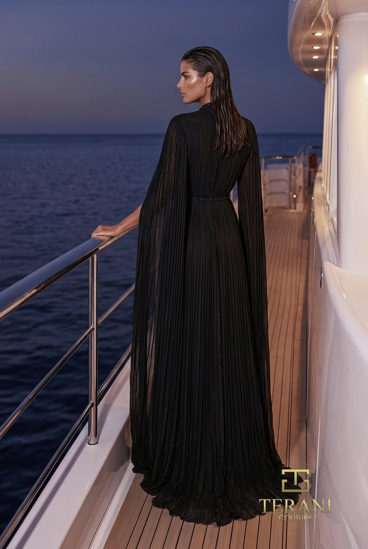 Terani 271E7510 floor-length cape sleeves pleated evening gown back view