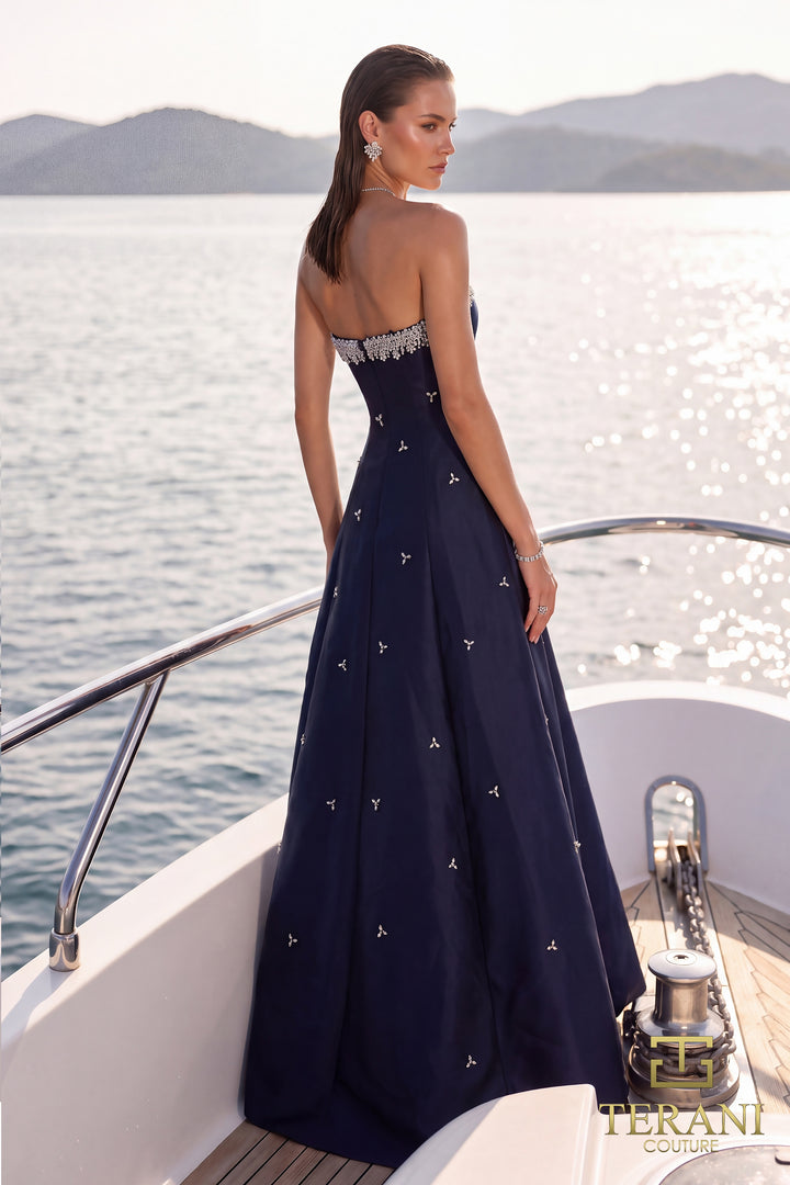 Terani 271E8077 strapless beaded scallop box pleat ball gown evening dress back view