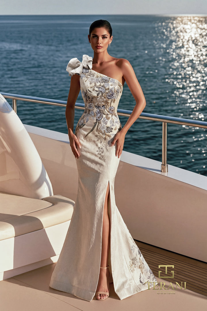 Terani 271E8137 one-shoulder bow appliqué mermaid evening gown with slit front view