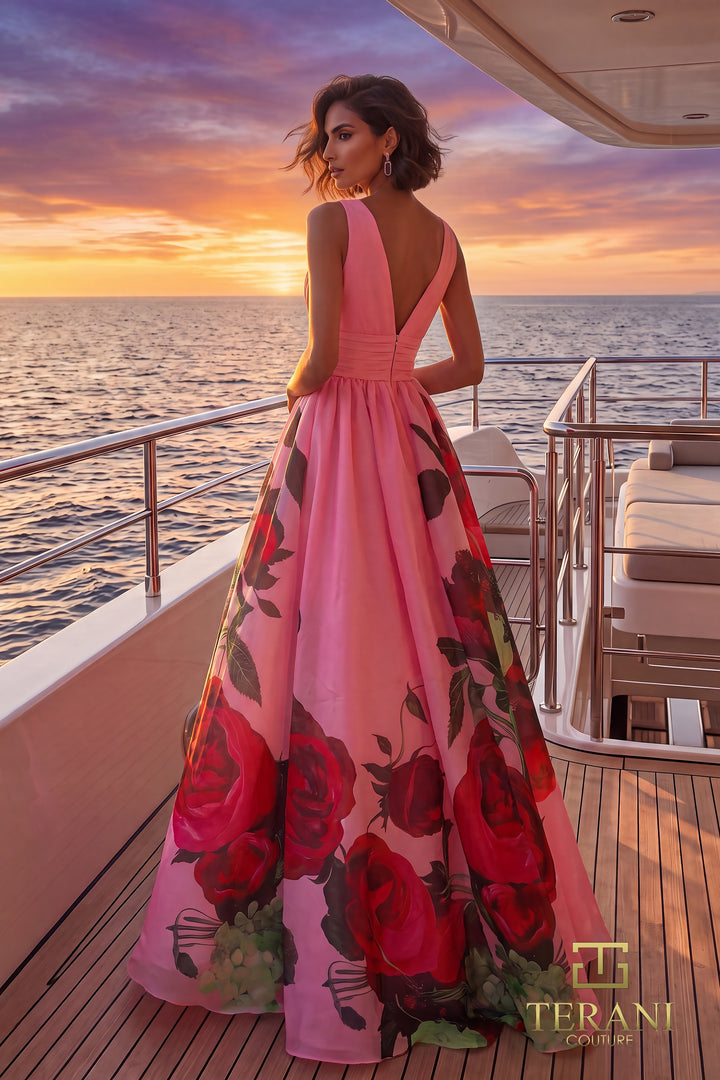 Terani 271E8138 V back full skirt printed ball gown back view