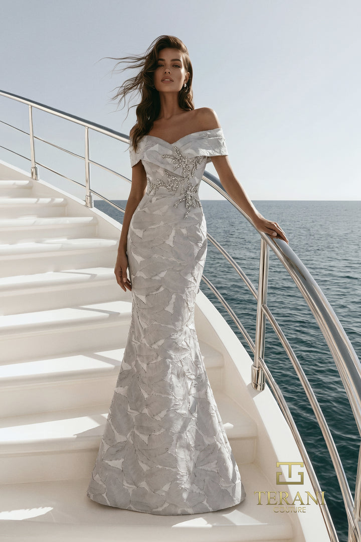 Terani 271M8446 off-the-shoulder beaded leaf spray mermaid mother of the bride gown front view
