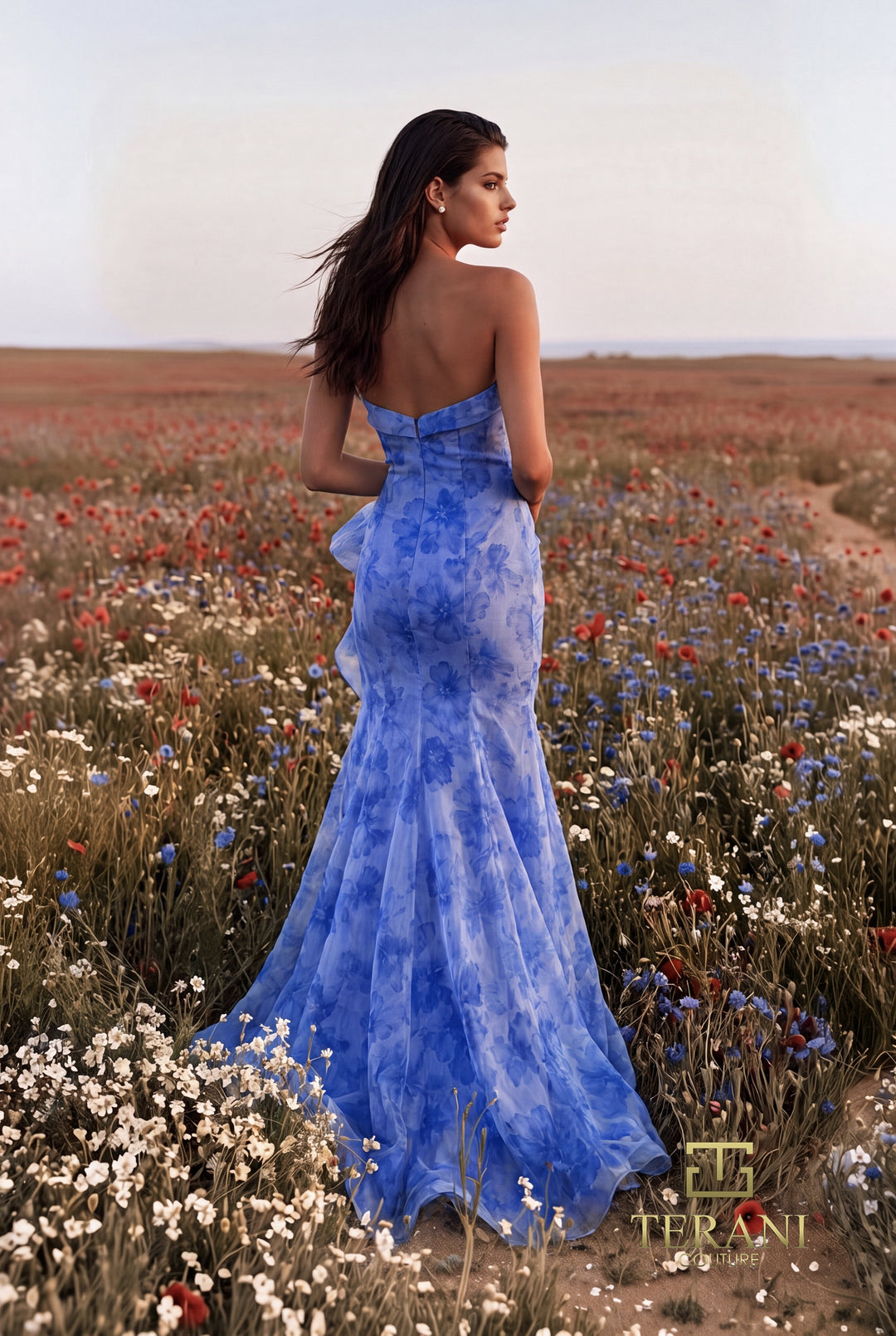Terani 271P8021 strapless printed sash wrap column prom dress three-quarter back view