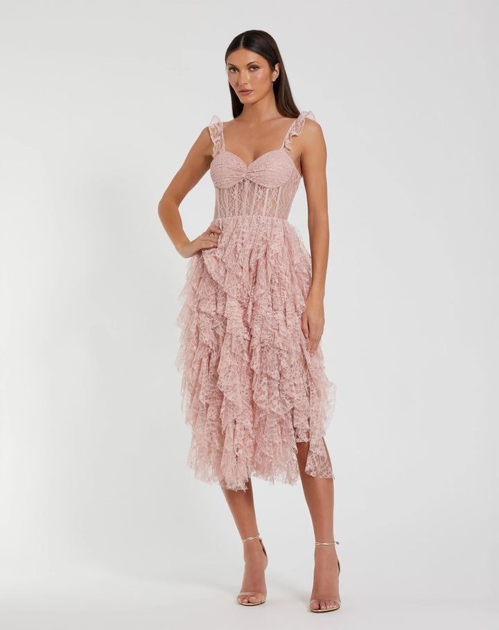Pink Lace Ruffle Tiered Midi Dress - FOSTANI.com