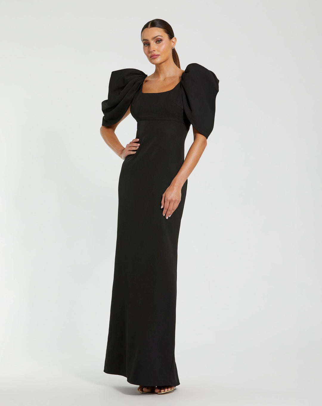 Mac Duggal 27534 Fitted Crepe Square Neck Gown with Puff Sleeves