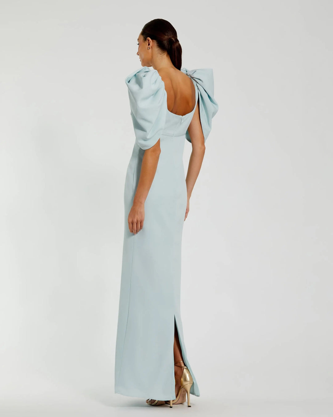 Mac Duggal 27534 Blue Fitted Crepe Square Neck Gown with Puff Sleeves