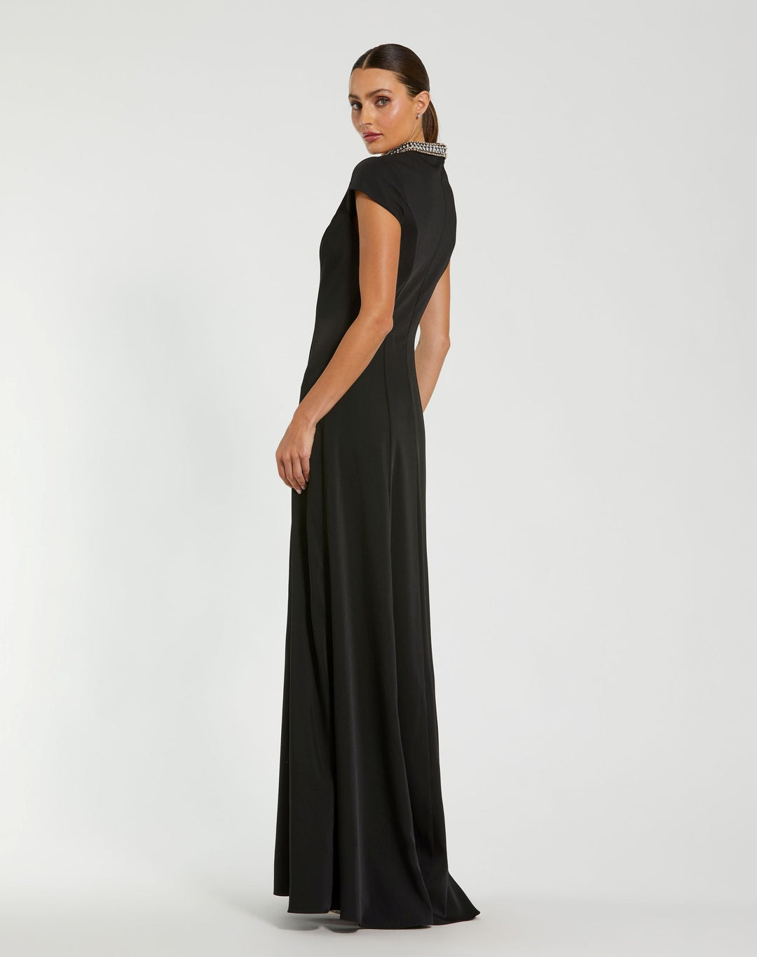 Mac Duggal 27564 Black Cap Sleeve Gown with Embellished Neckline