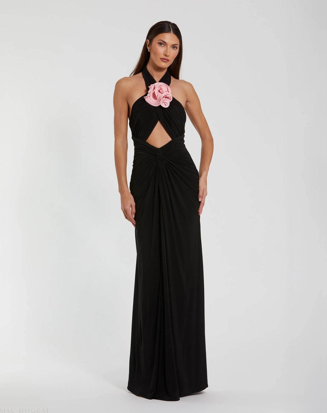 Mac Duggal 27572 Black Jersey Crossover Halter Neck Gown With 3D Flower
