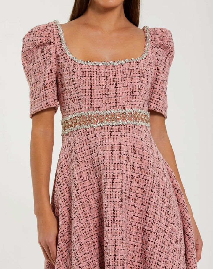 Mac Duggal 27687 Pink Puff Sleeve Boucle Midi Dress With Beaded Belt