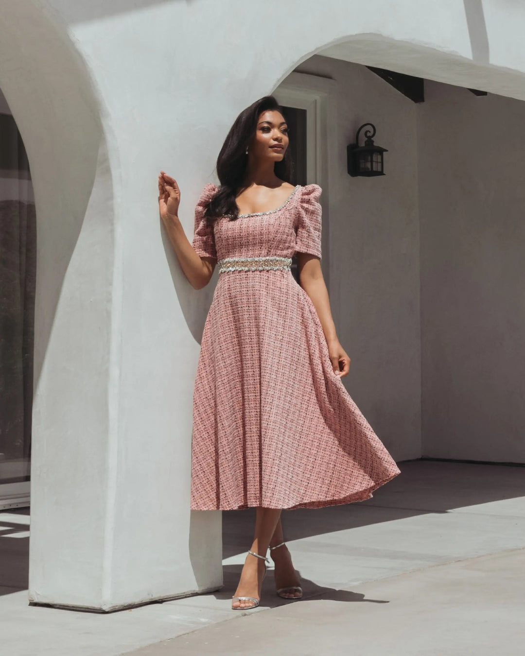 Mac Duggal 27687 Pink Puff Sleeve Boucle Midi Dress With Beaded Belt