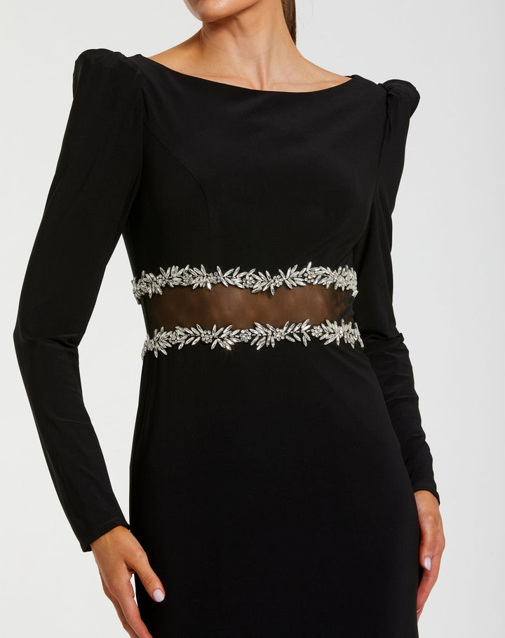 Mac Duggal 27695 Black Long Sleeve Jersey Gown With Jewel Detail