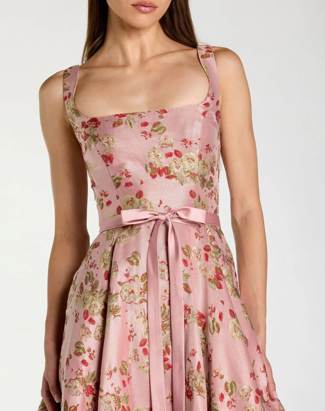 Pink Sleeveless Brocade A Line Midi Dress - FOSTANI.com