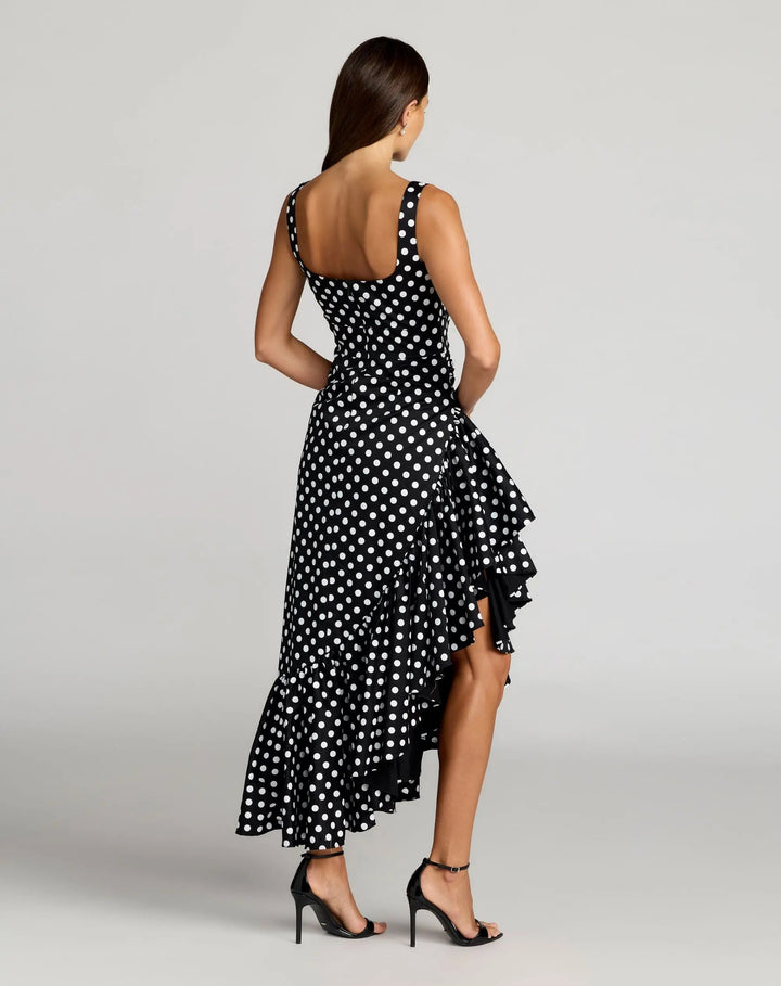 Black Sleeveless Polka Dot Midi Dress With Ruffled Hem - FOSTANI.com