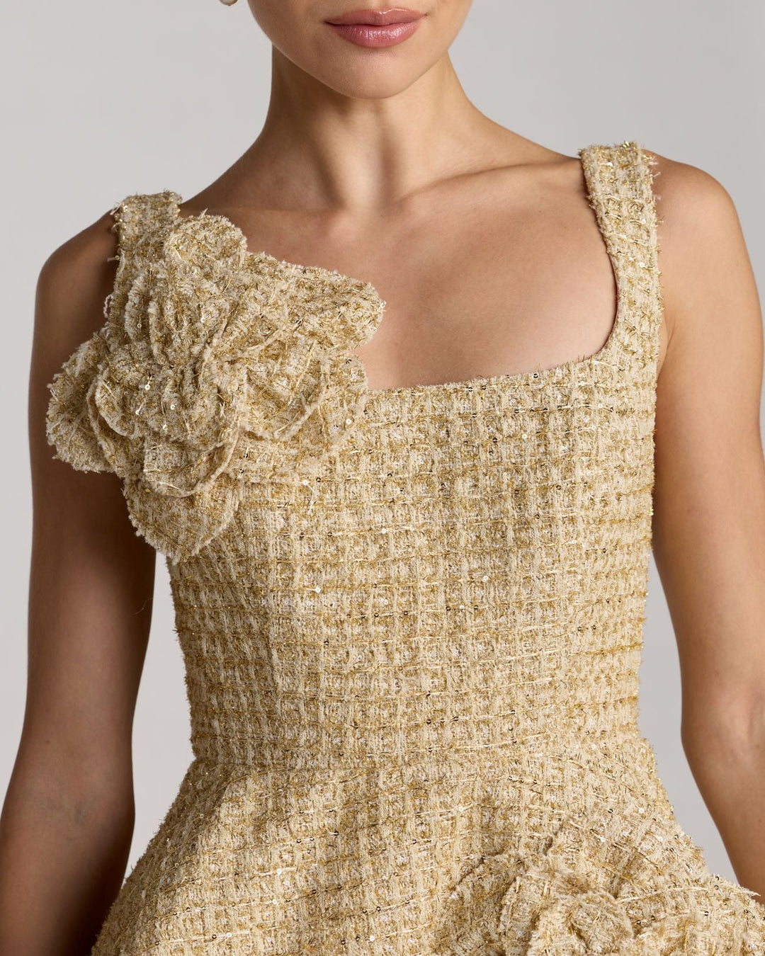 Mac Duggal 27828 Gold Boucle Floral Applique Mini Dress with Pockets