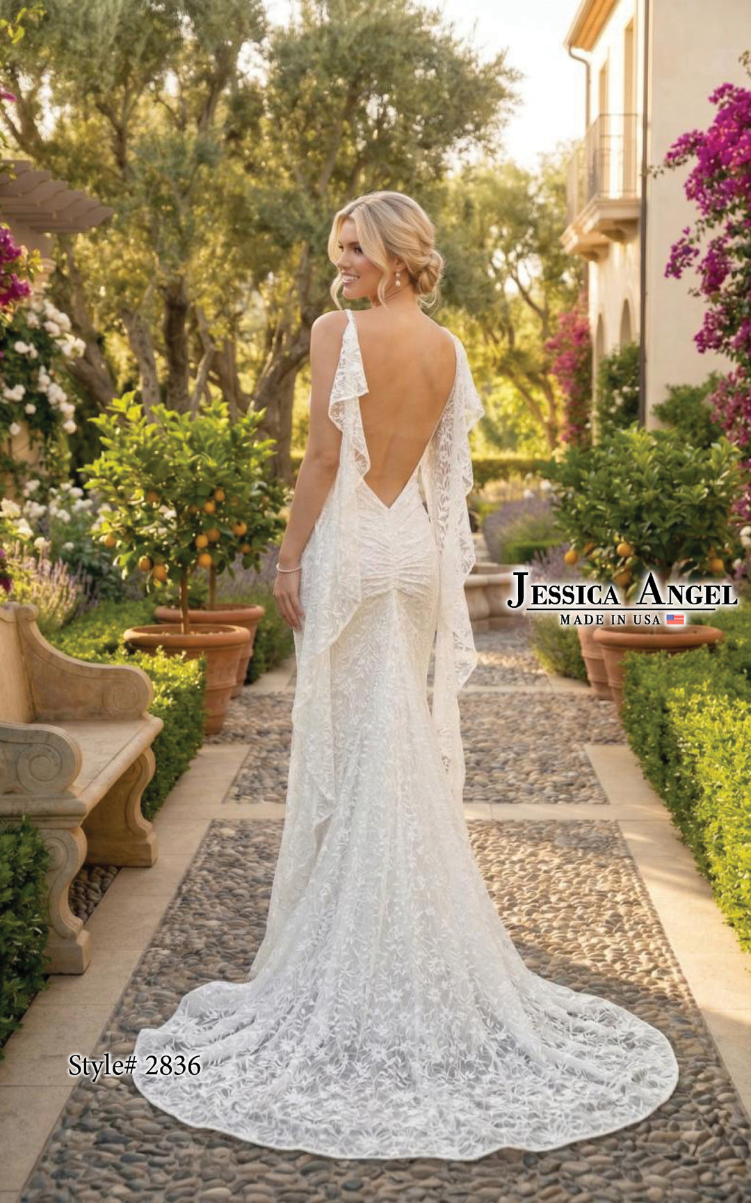 Jessica Angel 2836 V-neck lace gown with slit back view