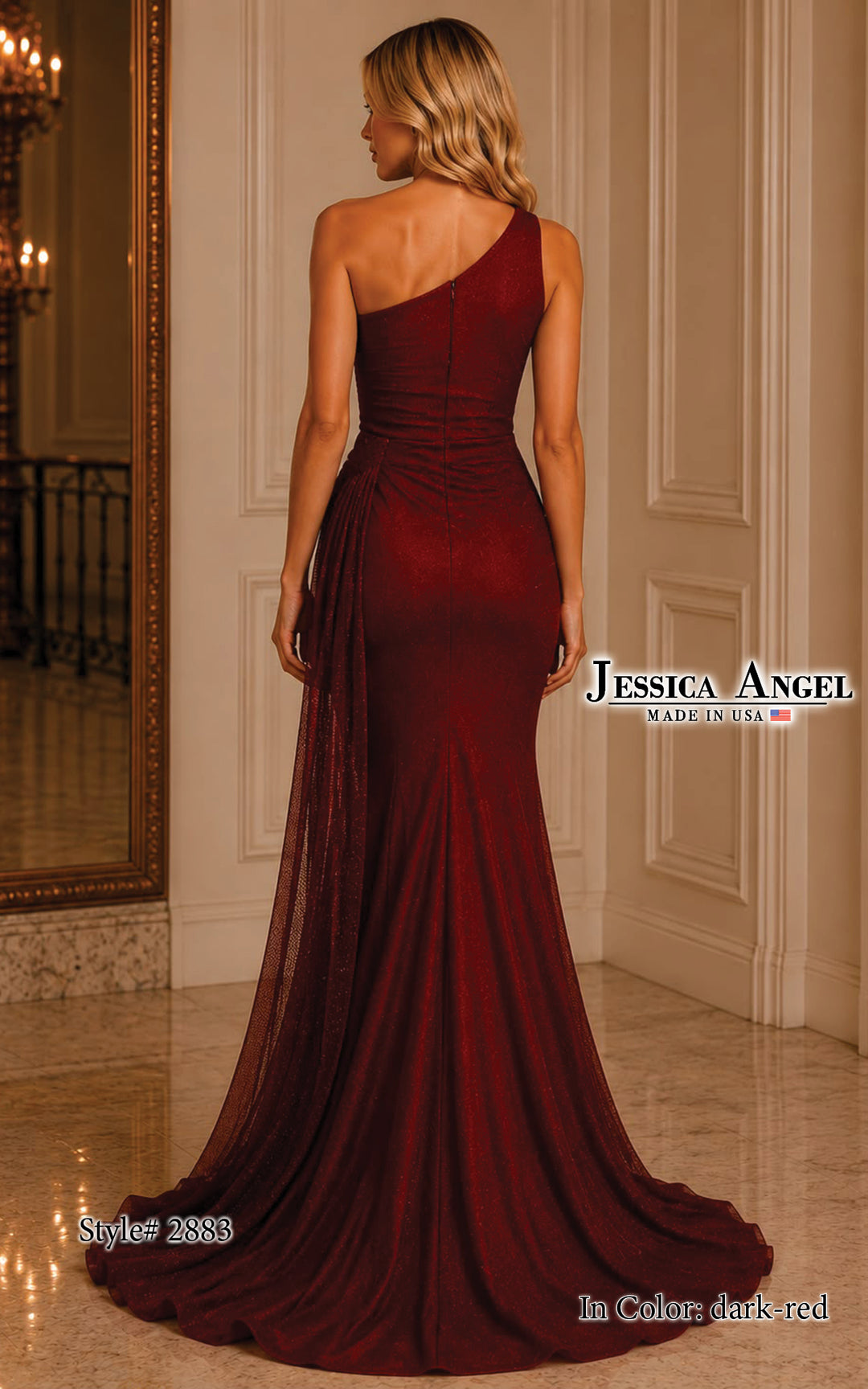 Jessica Angel 2883 one shoulder mesh gown back view