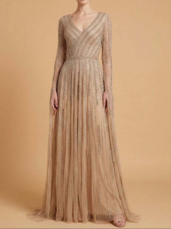 Lara 28835 V-Neck Beaded Dress with Long Cape Sleeves