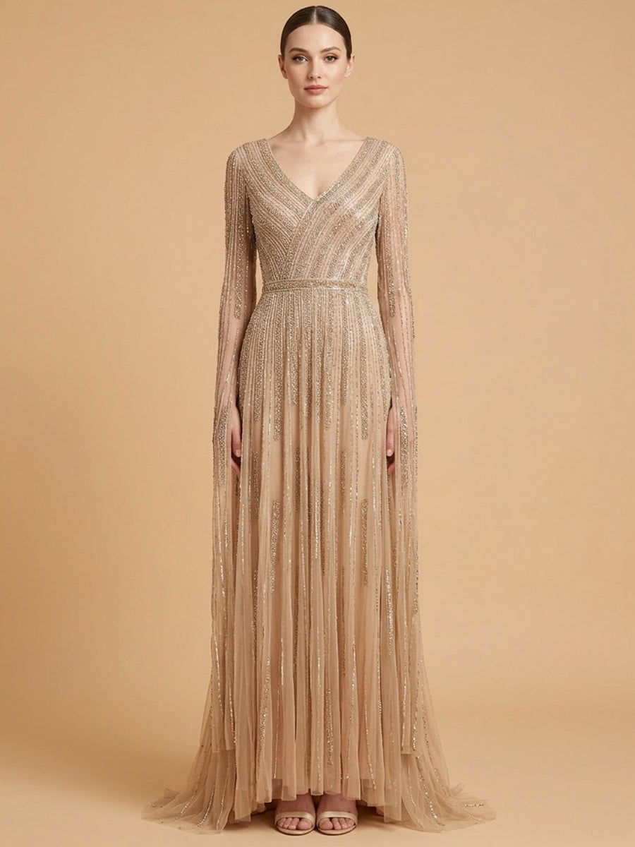 Lara 28835 V-Neck Beaded Dress with Long Cape Sleeves