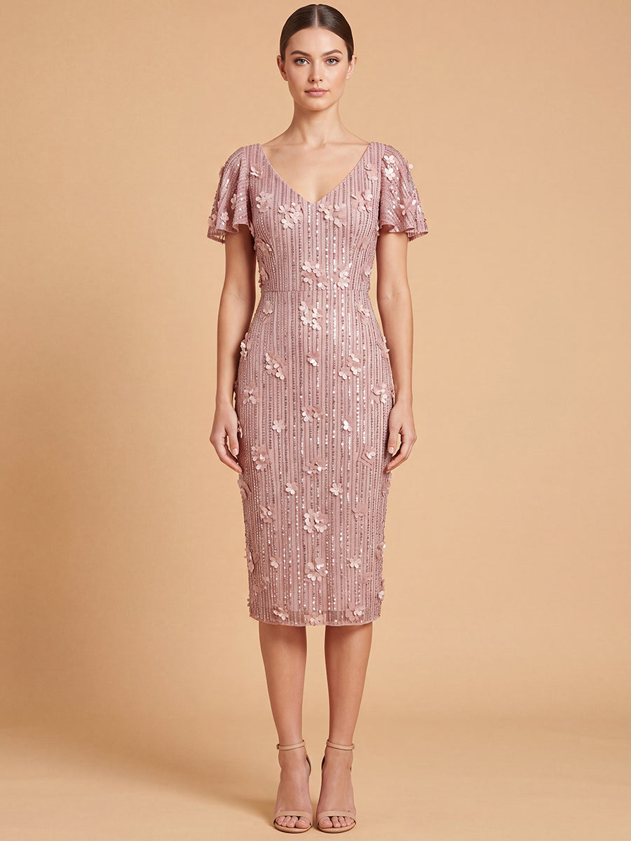 Lara 28851 3D Floral Embellished Midi Dress with Cape Sleeves