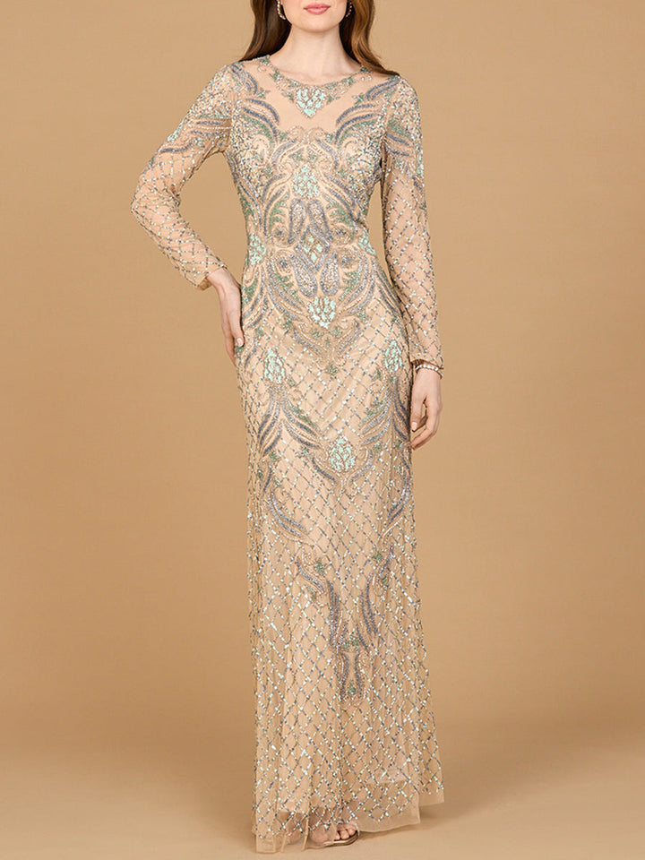Lara 28895 fitted long sleeve beaded gown, front view