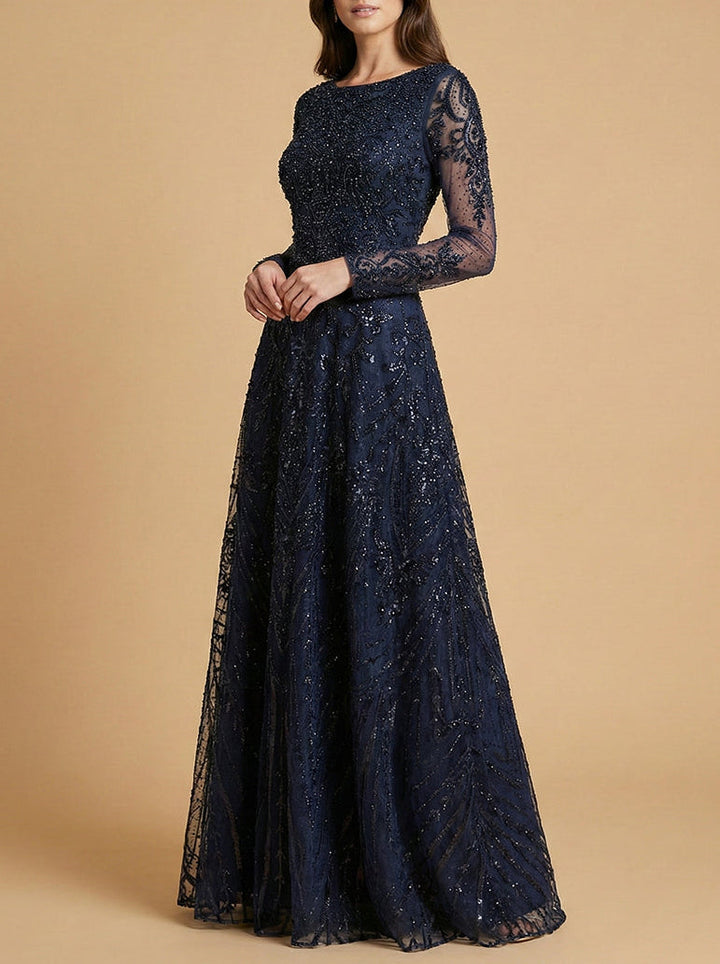 Lara 28904 high neck long sleeve embroidered gown, front view