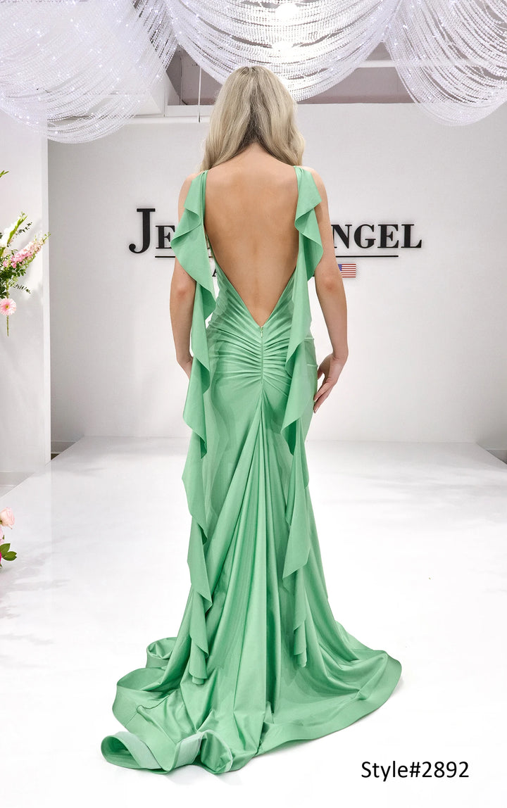 Jessica Angel 2892 ruffle streamer open back gown back view 3