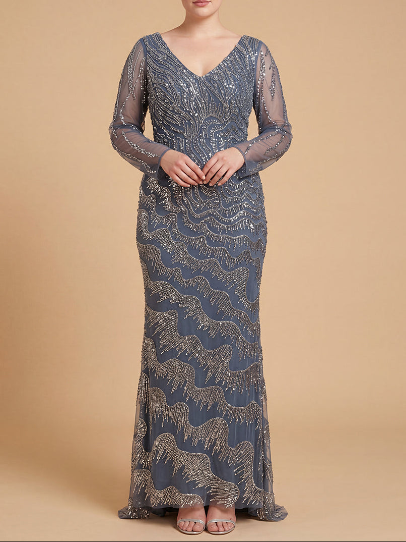 Lara 28949 long sleeve V-neck beaded sheath dress - front