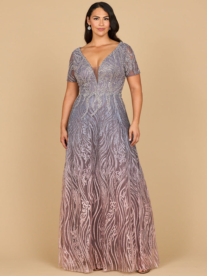 Lara 28961 short sleeve V-neck beaded ballgown, front view
