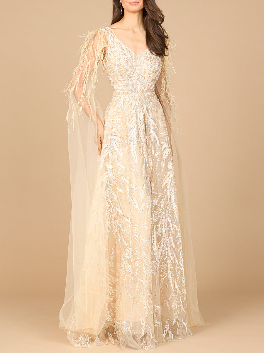 Lara 28965 V-neck gown with long cape sleeves, alternate colorway front
