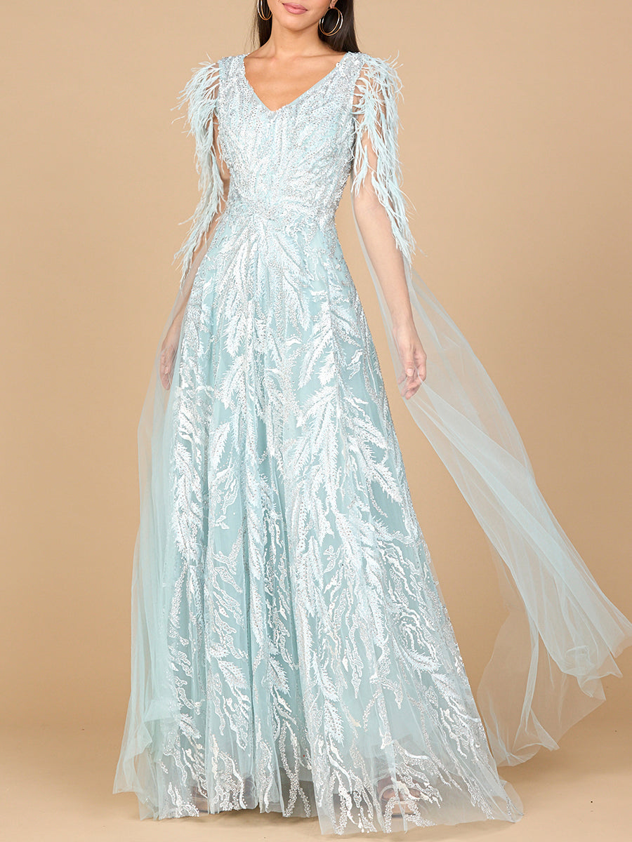 Lara 28965 V-neck gown with long cape sleeves, front view