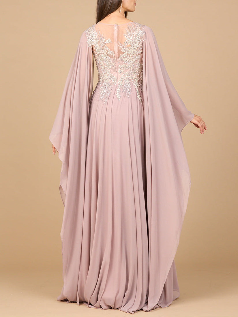 Lara 28968 A-line gown with cape sleeves, back view