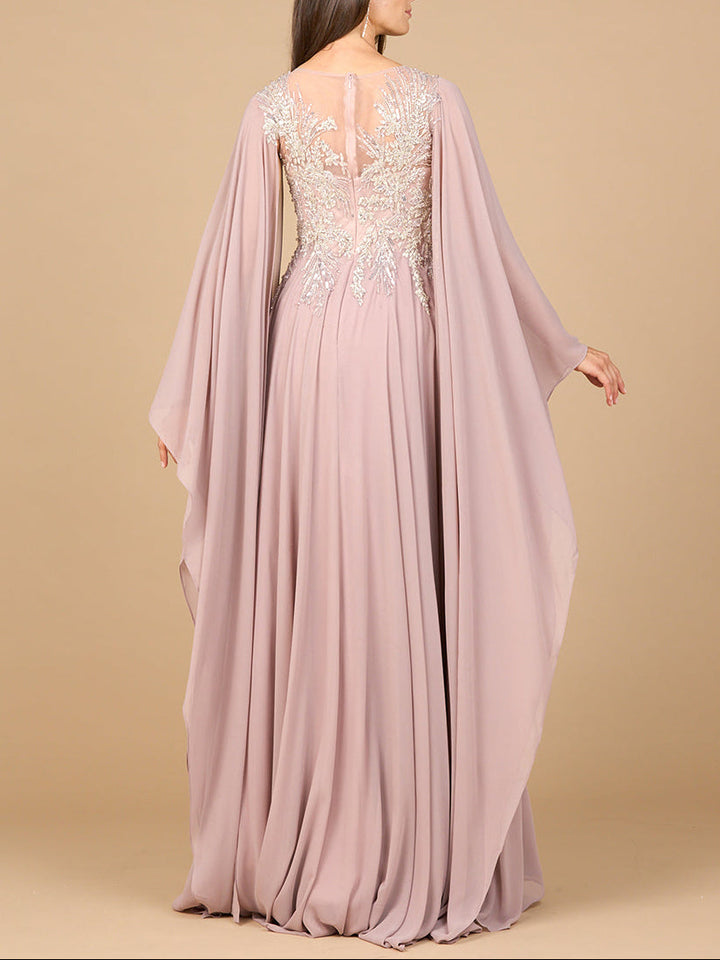 Lara 28968 A-line gown with cape sleeves, back view
