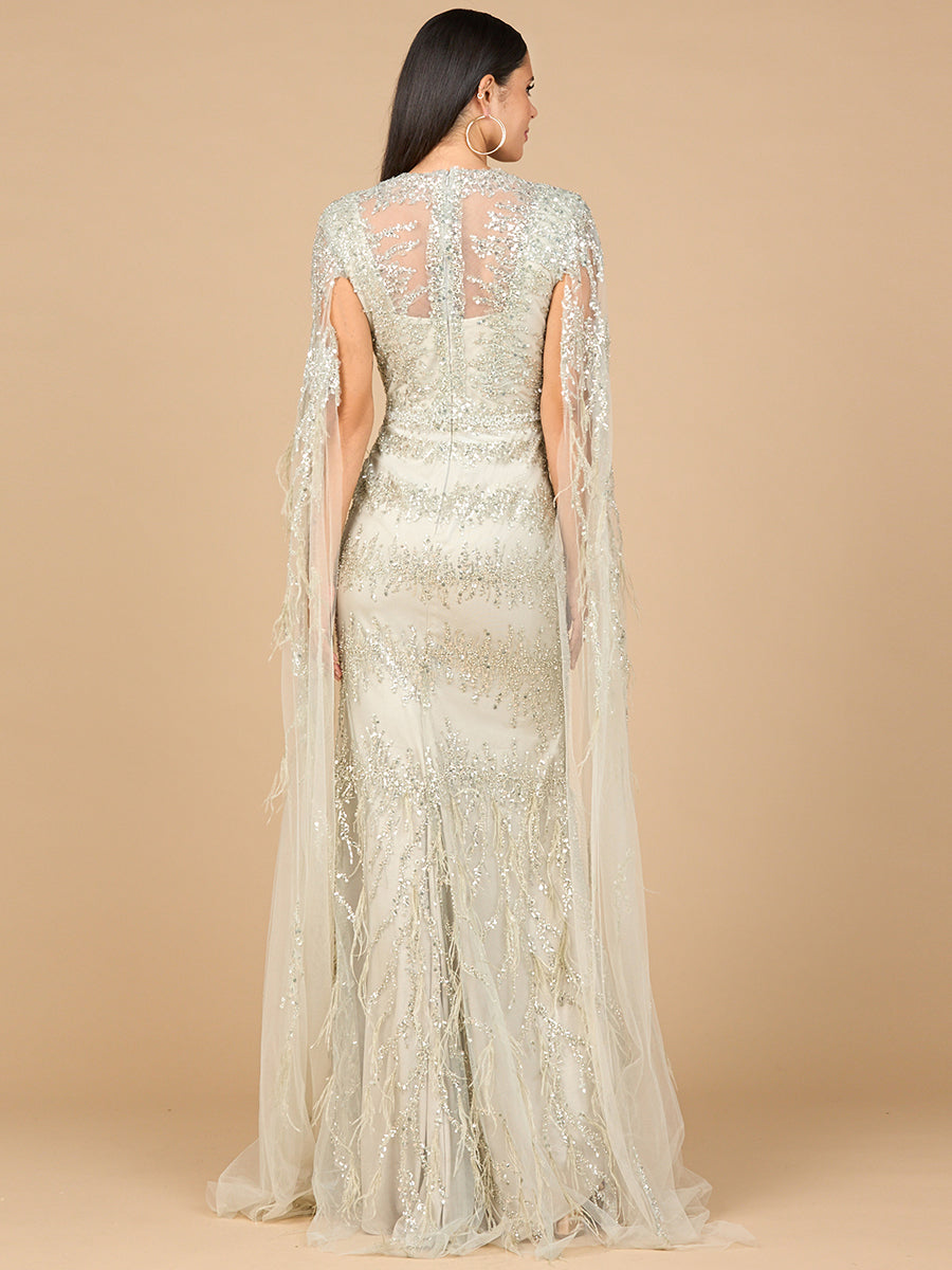Lara 28969 V-neck gown with long cape sleeves and feathers, back view