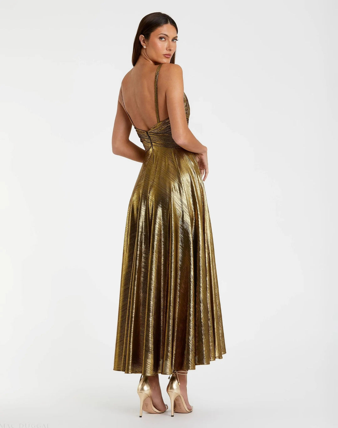 Mac Duggal 30761 Gold Sleeveless V Neck Pleated Top Metallic Dress