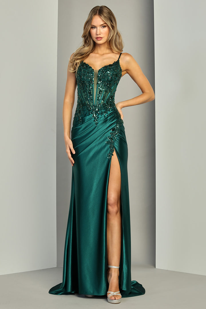 Adora 3422 beaded V-neck ruched wrap prom dress front view