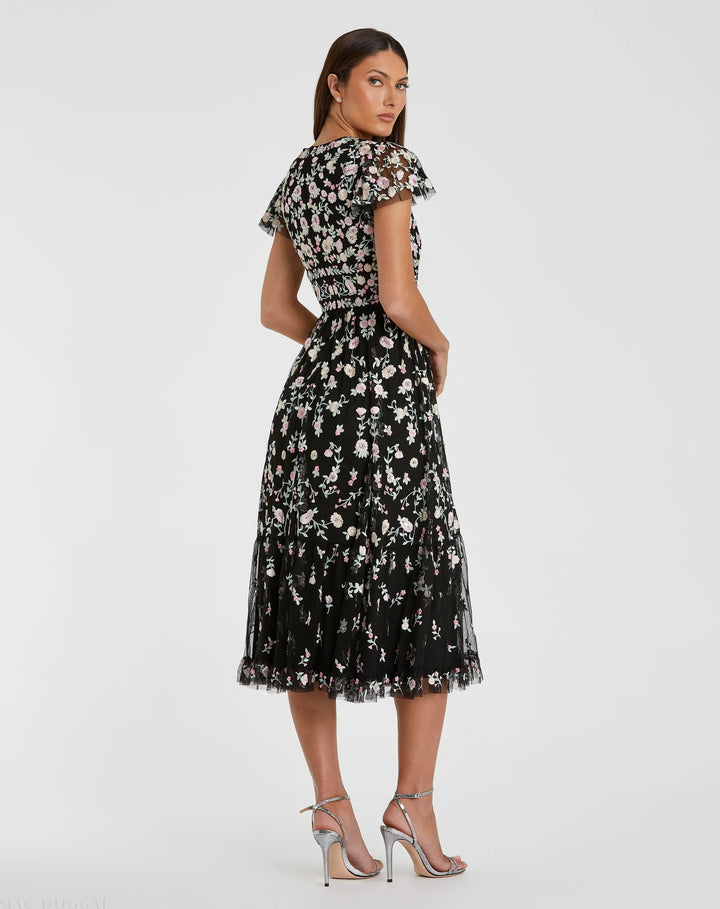 Mac Duggal 35104 Black Multicolor Embroidered V Neck Cap Sleeve Midi Dress