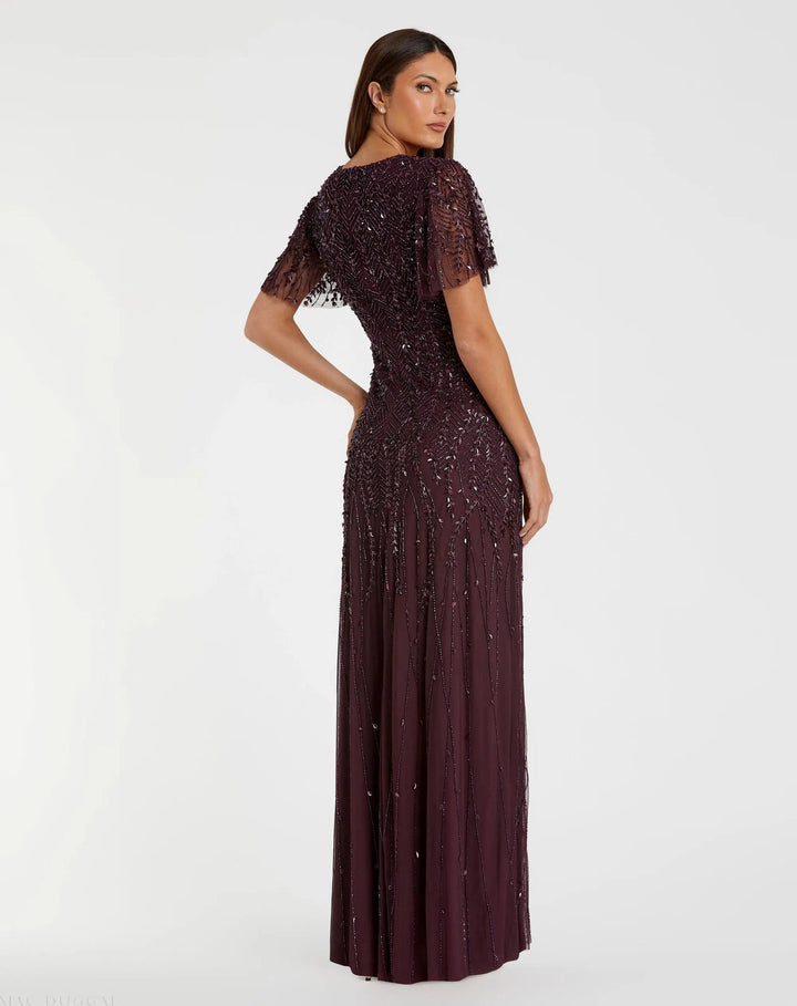 Mac Duggal 35109 Purple Embellished Flutter Sleeve Gown