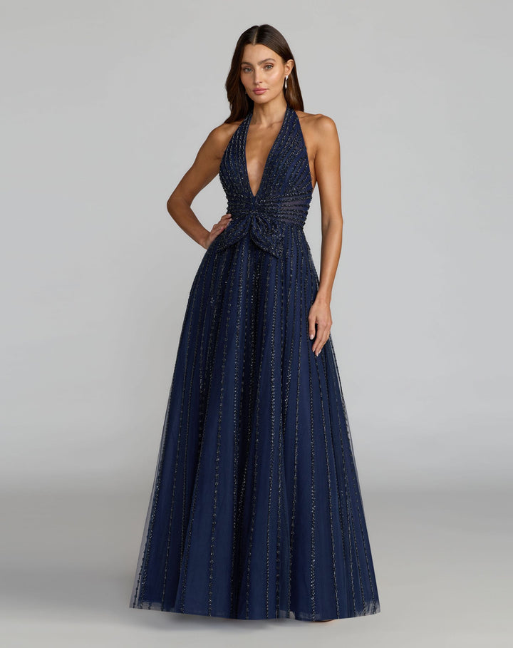 Mac Duggal 37120 Navy Beaded Halter Neck Open Back A-Line Gown