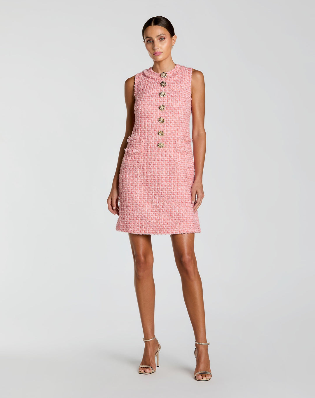 Pink Boucle Sleeveless Mini Dress with Gold Buttons - FOSTANI.com