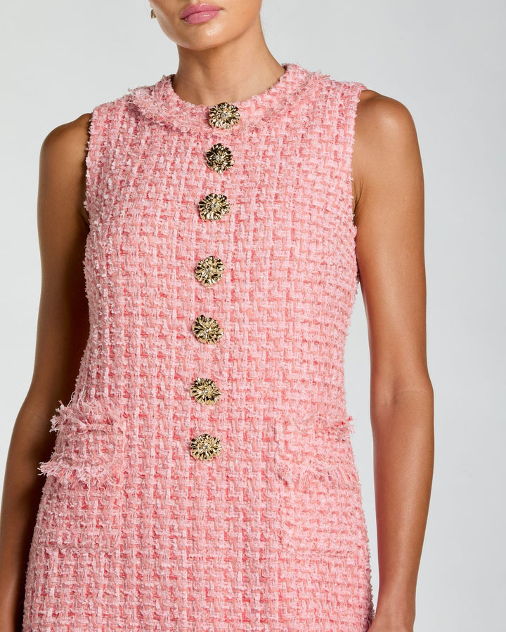 Pink Boucle Sleeveless Mini Dress with Gold Buttons - FOSTANI.com