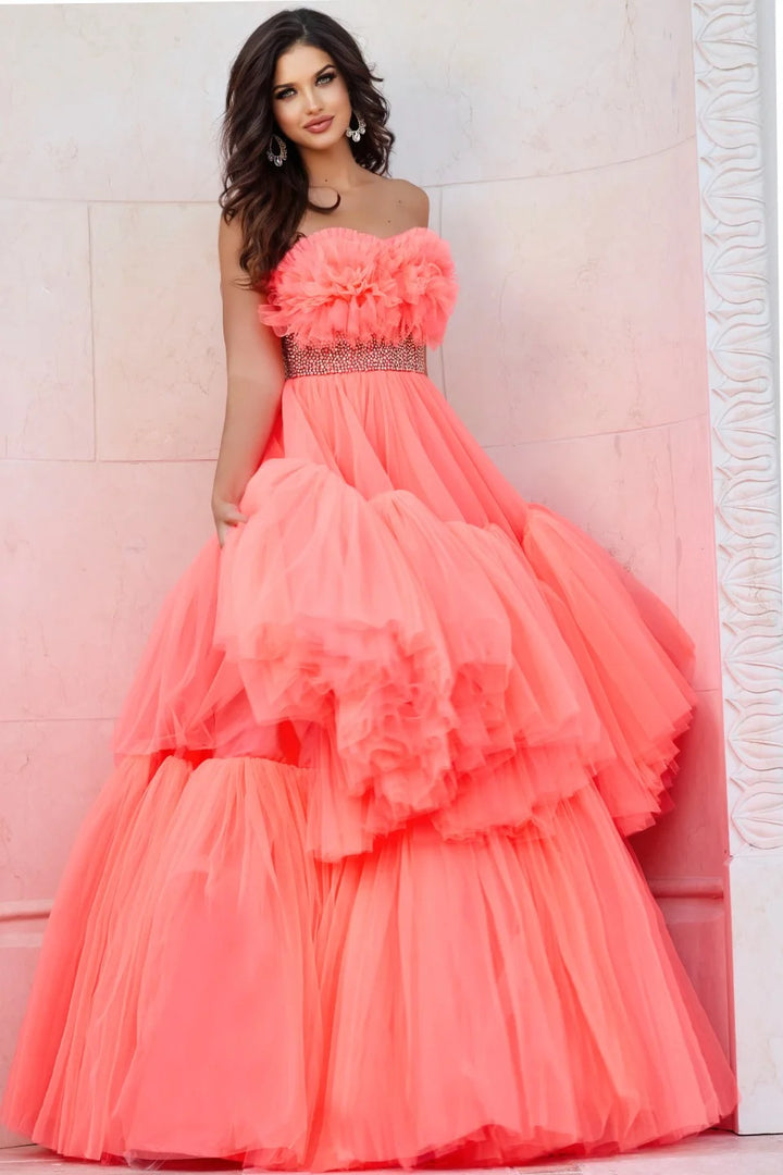 Jovani 38299 Strapless Tiered Ball Gown with Textured Bodice