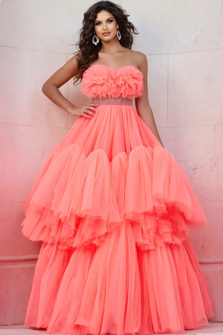 Jovani 38299 Strapless Tiered Ball Gown with Textured Bodice