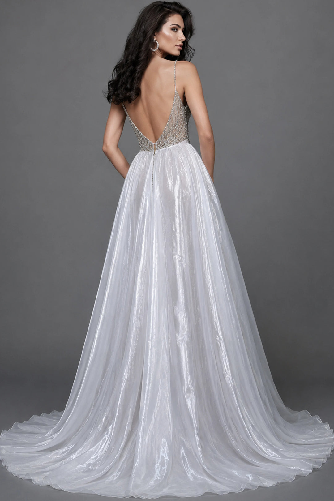 Jovani 38860 Beaded Dress with Plunging Neckline and Overskirt