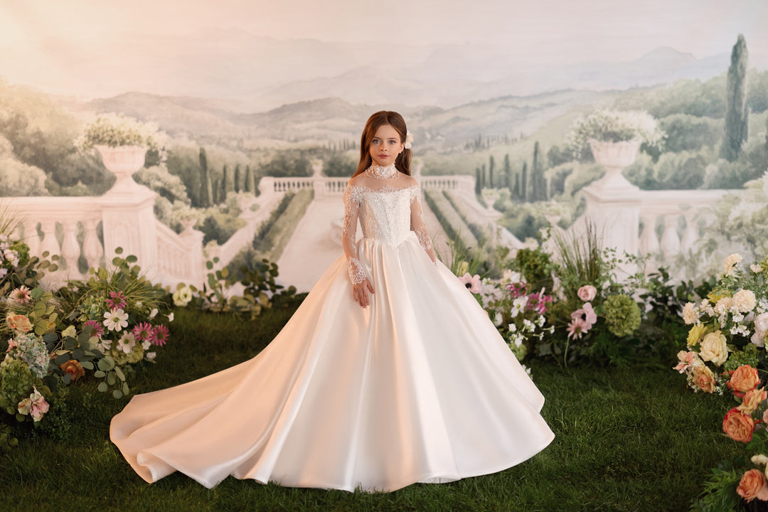 Pentelei 3901 Beaded Illusion Long-Sleeve Kids Ball Gown
