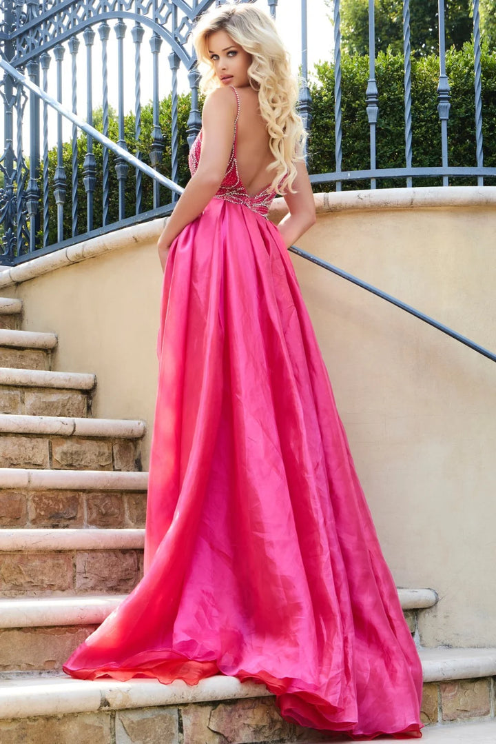 Jovani 39042 Beaded A-Line Gown with Plunging Neckline