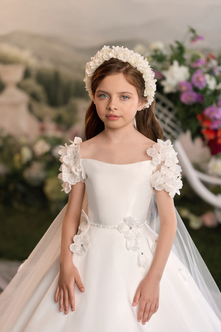 Pentelei 3909 Floral Shoulder Cluster – Ivory Kids Ball Gown Communion Dress