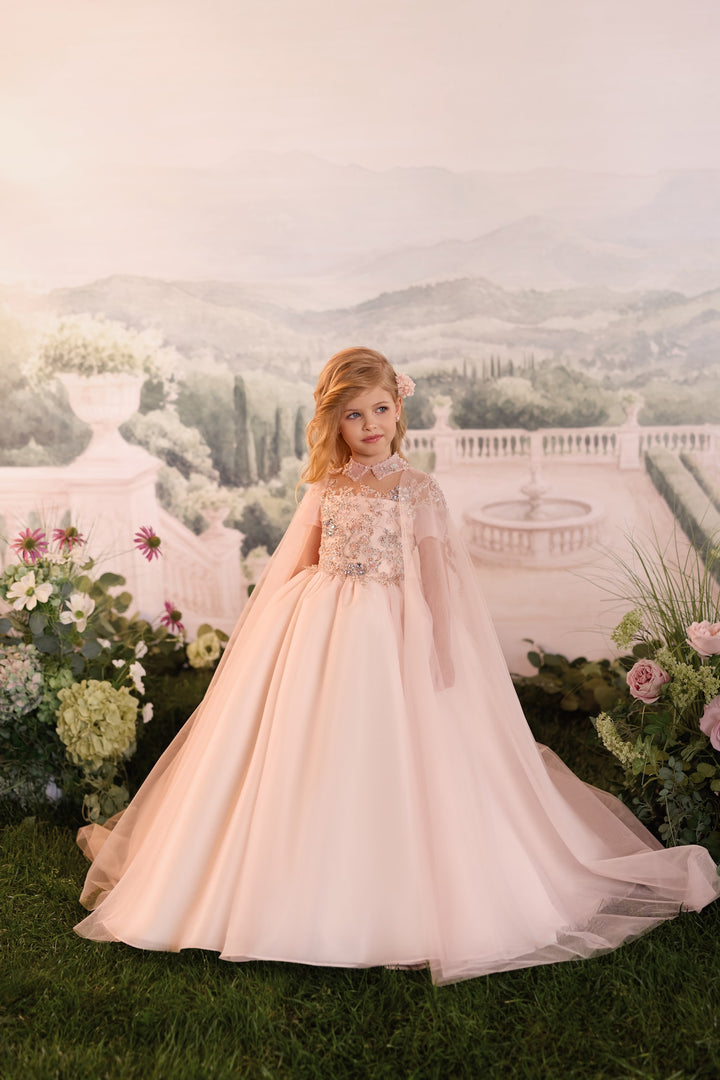 Pentelei 3923 Cape Sleeve Jeweled Collar Kids Ball Gown