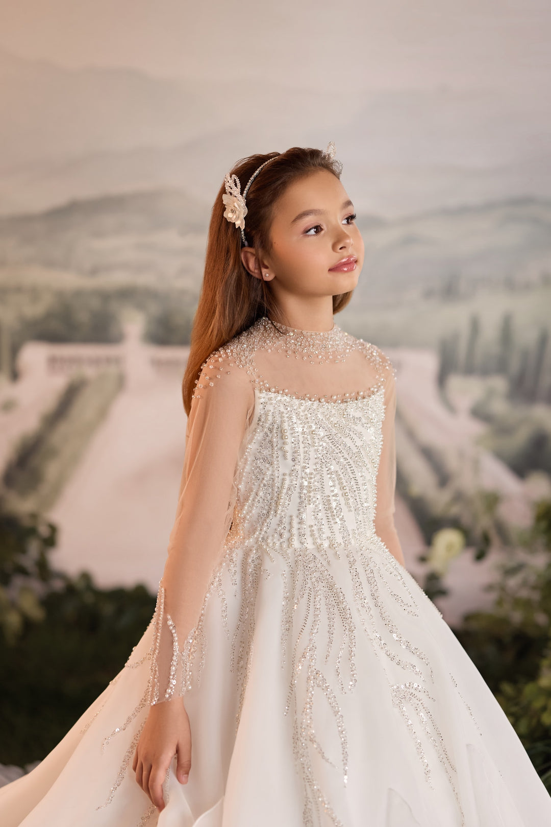 Pentelei 3928 Beaded Ruffle Train Kids Ball Gown